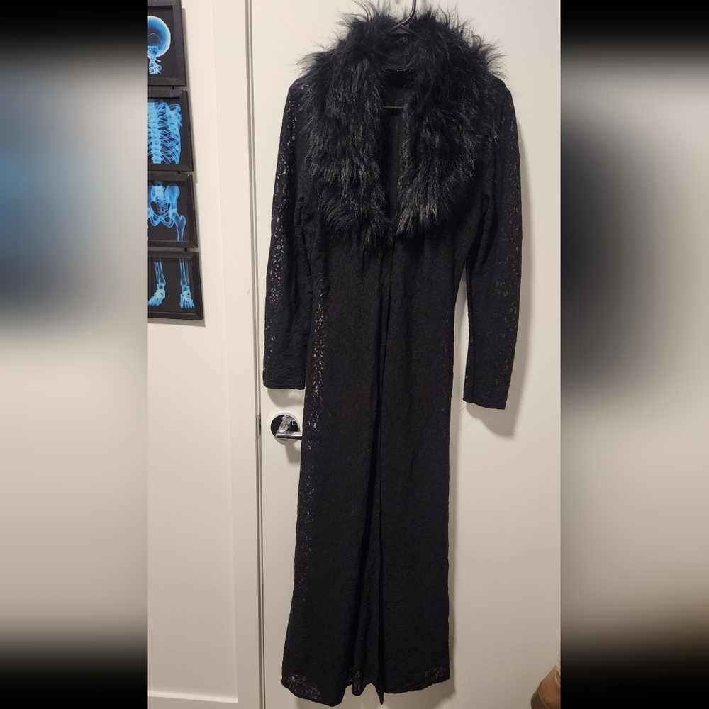 Vintage 90's Goth Lace and Faux Fur Maxi Cardigan